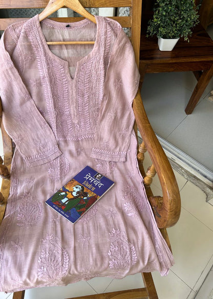 Firgun Wine Lucknowi Chikankari Mul Cotton Straight Kurta
