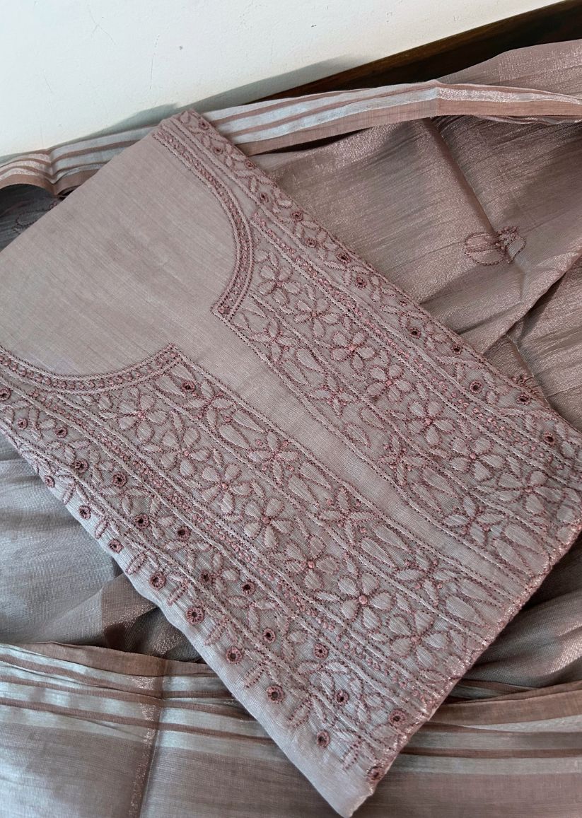 Firgun Rose Taupe Lucknowi Chikankari Chanderi Silver Tissue Kurta Dupatta Set