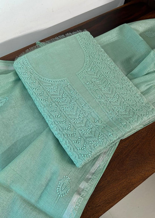 Firgun Mint Green Lucknowi Chikankari Chanderi Silver Tissue Kurta Dupatta Set