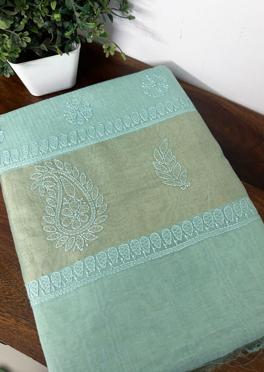 Firgun Mint Green Lucknowi Chikankari Mul Cotton Saree with Unstitched Blouse Piece