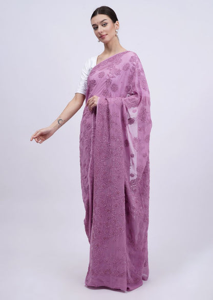 Firgun Wine Lucknowi Chikankari Viscose Georgette Saree with Unstitched Blouse Piece