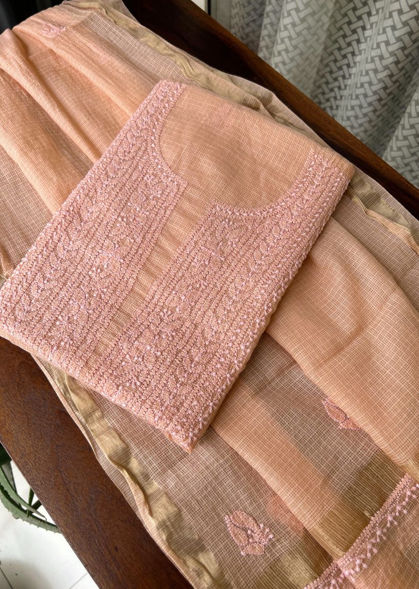 Firgun Apricot Lucknowi Chikankari Kota Unstitched Kurta & Dupatta Set