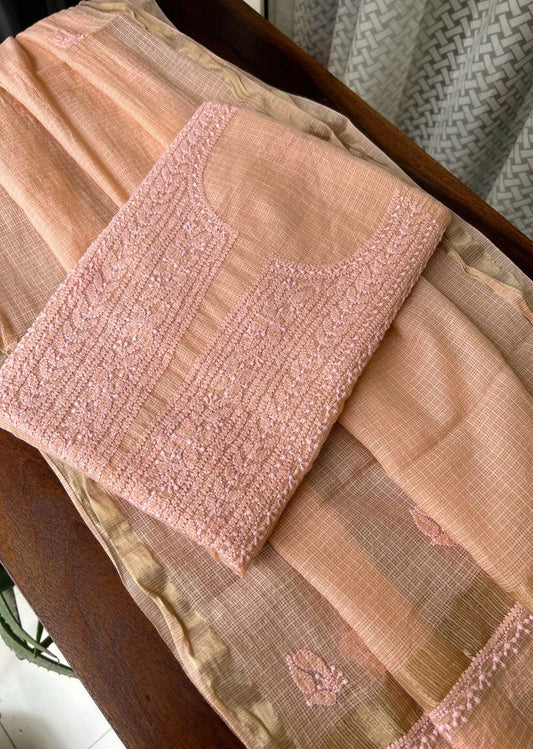 Firgun Apricot Lucknowi Chikankari Kota Unstitched Kurta & Dupatta Set