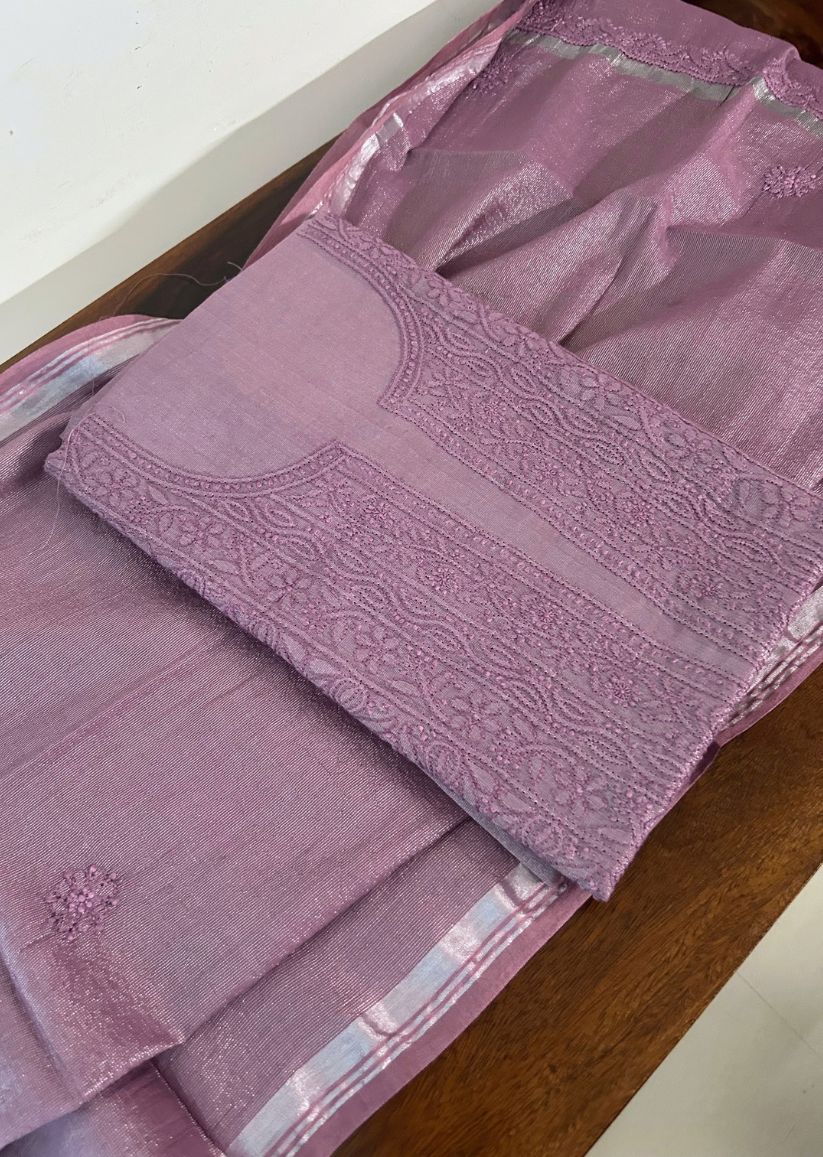 Firgun Dusty Mauve Lucknowi Chikankari Chanderi Silver Tissue Kurta Dupatta Set