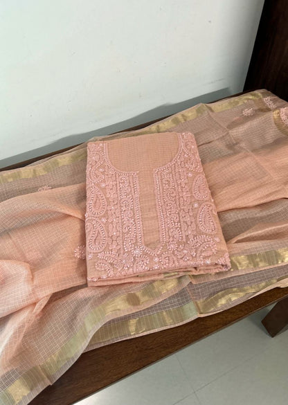 Firgun Orange Lucknowi Chikankari Kota Unstitched Kurta & Dupatta Set