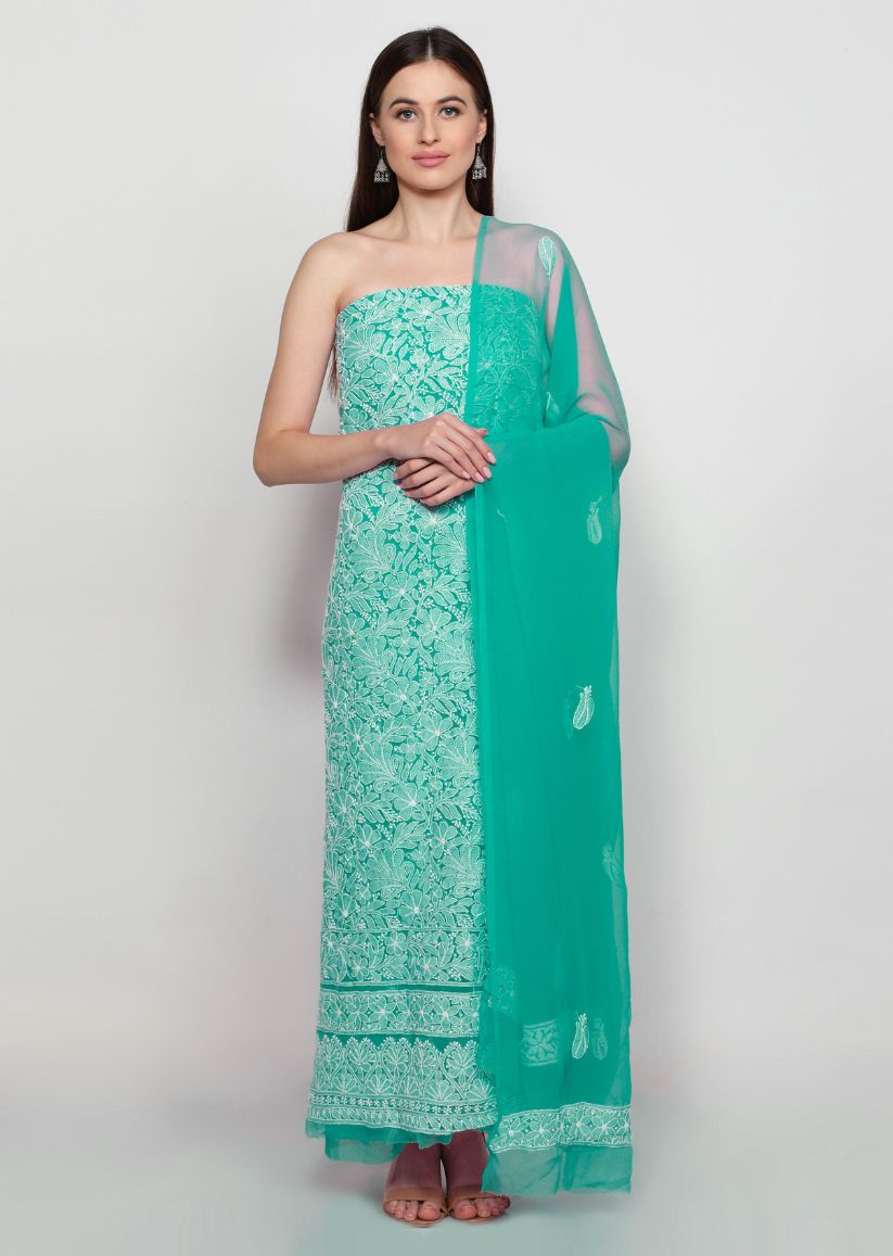 Firgun Hand Embroidered Jade Green Lucknowi Chikankari Georgette Unstitched Suit Set