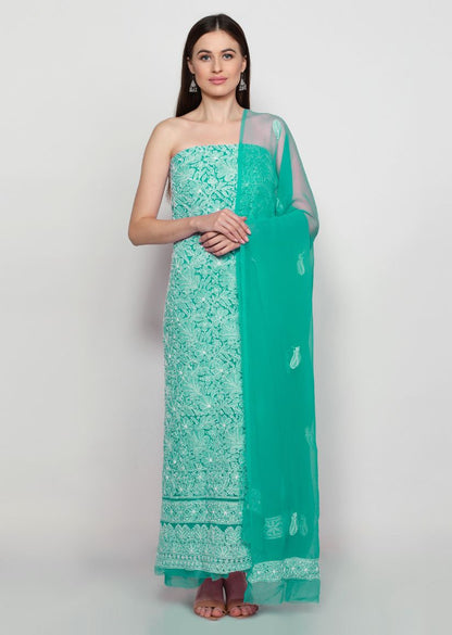 Firgun Hand Embroidered Jade Green Lucknowi Chikankari Georgette Unstitched Suit Set