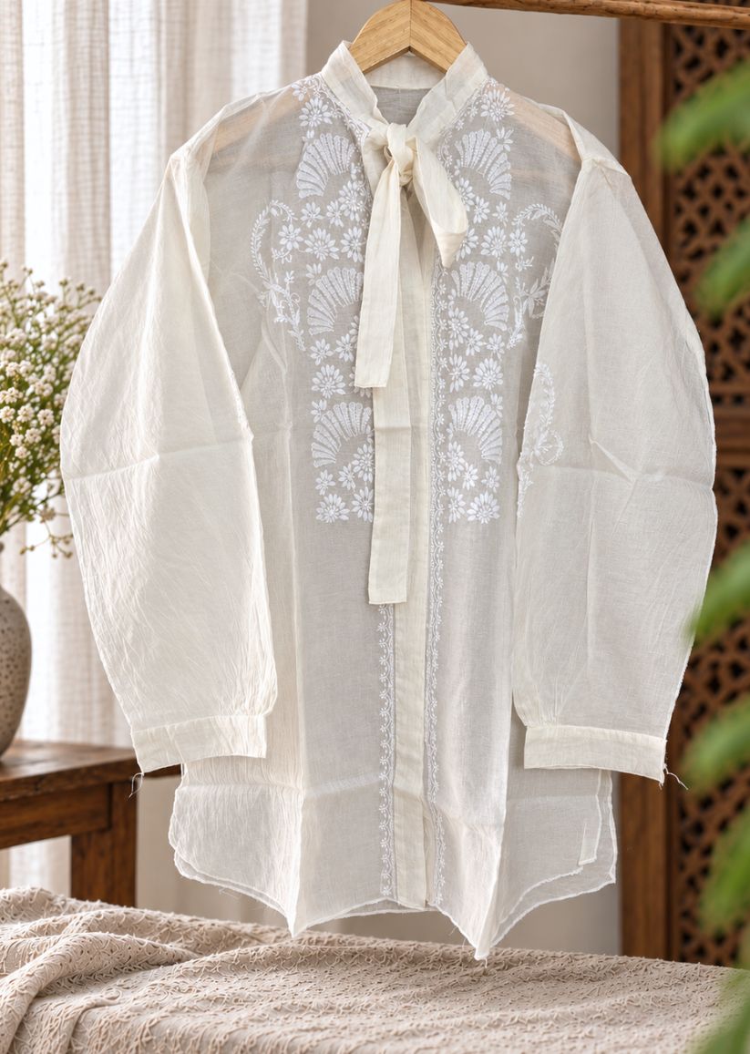Firgun Cream Lucknowi Chikankari Mul Chanderi Semi-Stitched Shirt