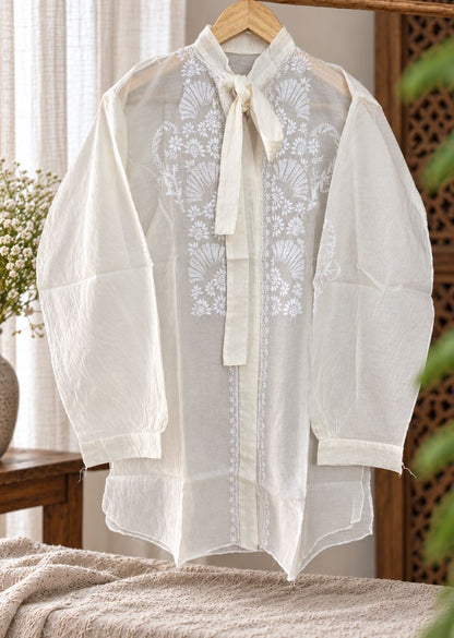 Firgun Cream Lucknowi Chikankari Mul Chanderi Semi-Stitched Shirt