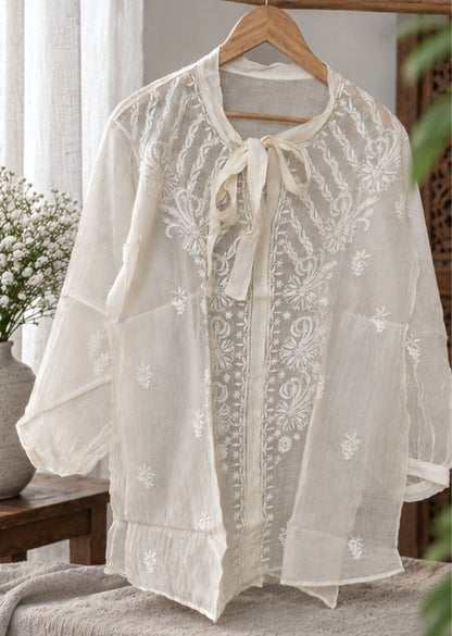 Firgun Cream Lucknowi Chikankari Mul Chanderi Semi-Stitched Shirt