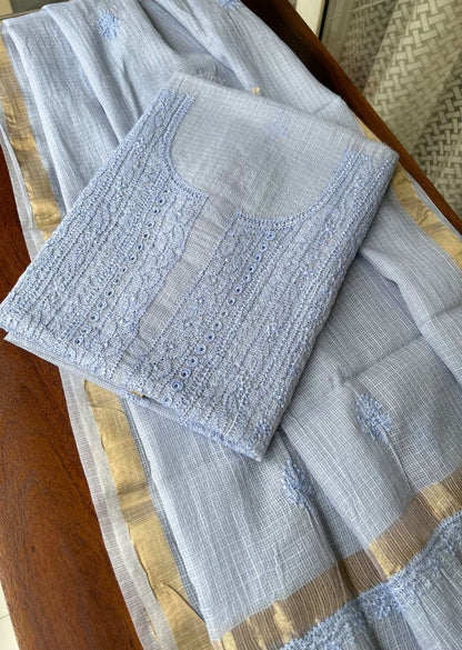 Firgun Sky Blue Lucknowi Chikankari Kota Unstitched Kurta & Dupatta Set