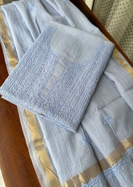 Firgun Sky Blue Lucknowi Chikankari Kota Unstitched Kurta & Dupatta Set