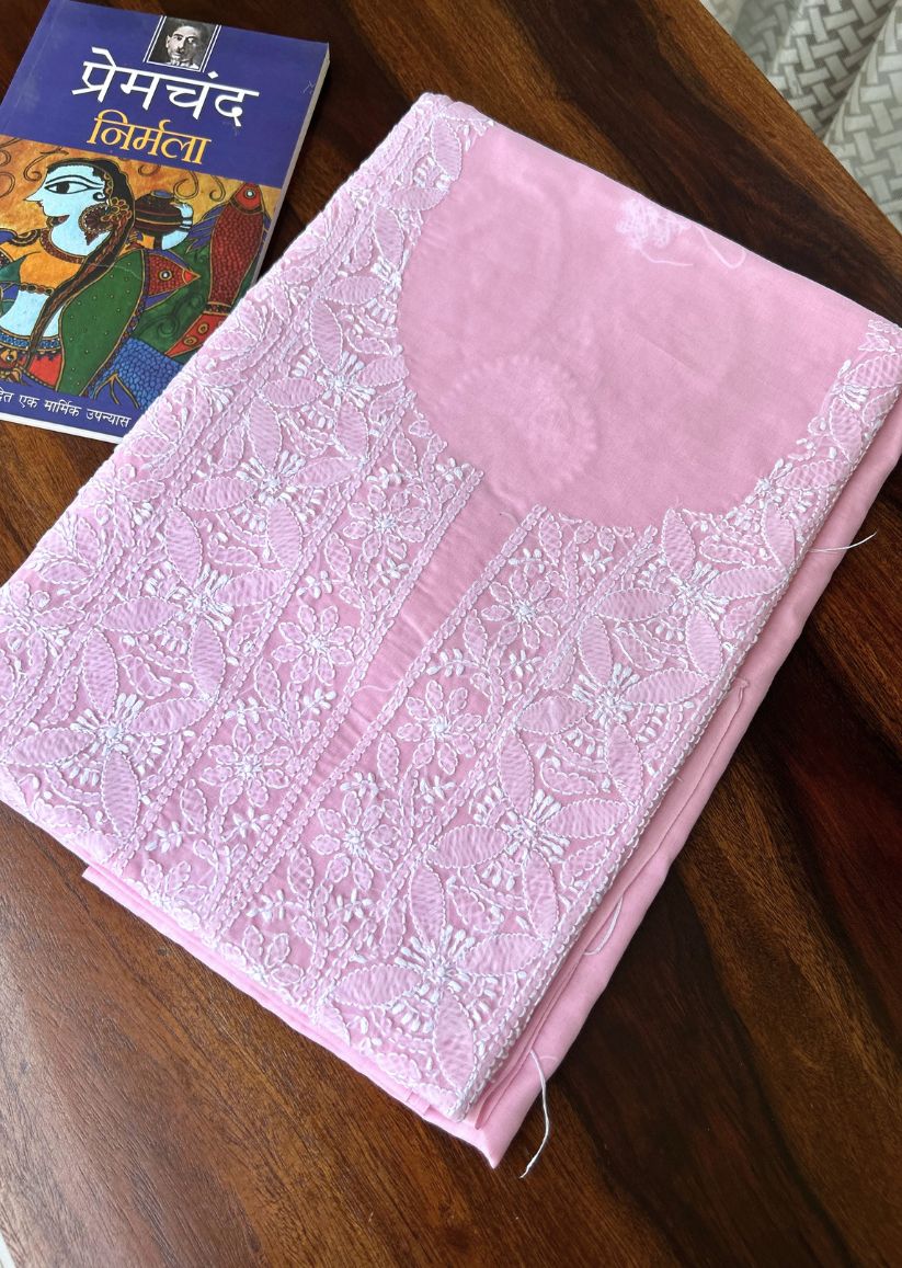 Firgun Pink Lucknowi Chikankari Cotton Unstitched Kurta