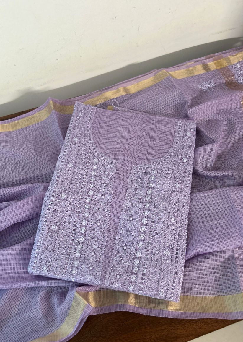 Firgun Royal Purple Lucknowi Chikankari Kota Unstitched Kurta & Dupatta Set