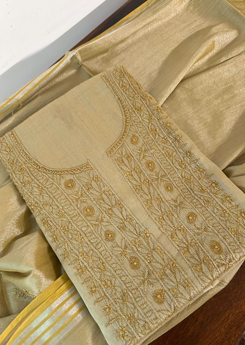 Firgun Mustard Lucknowi Chikankari Chanderi Silver Tissue Kurta Dupatta Set