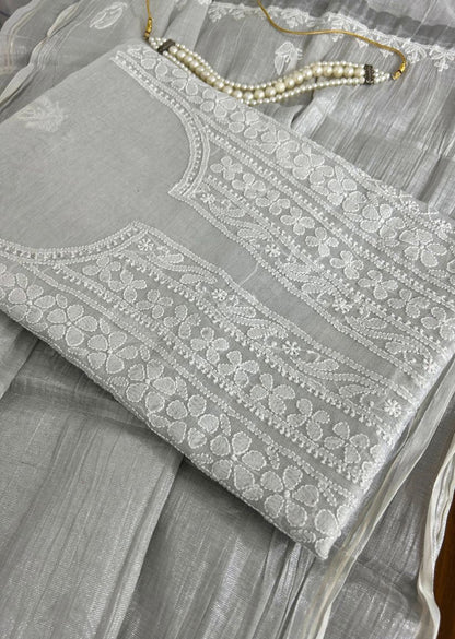 Firgun Silver Lucknowi Chikankari Chanderi Silver Tissue Kurta Dupatta Set
