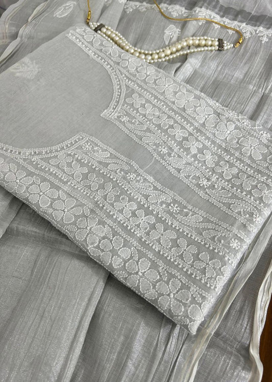 Firgun Silver Lucknowi Chikankari Chanderi Silver Tissue Kurta Dupatta Set