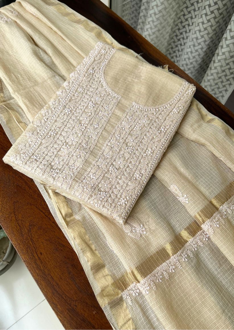 Firgun Beige Lucknowi Chikankari Kota Unstitched Kurta & Dupatta Set