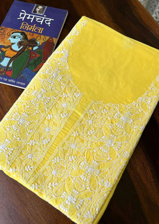 Firgun Yellow Lucknowi Chikankari Cotton Unstitched Kurta