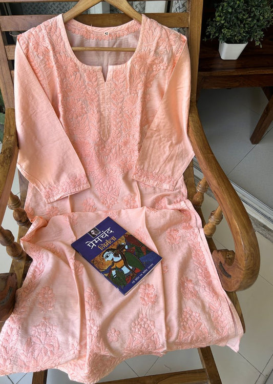 Firgun Orange Lucknowi Chikankari Chanderi Straight Kurta