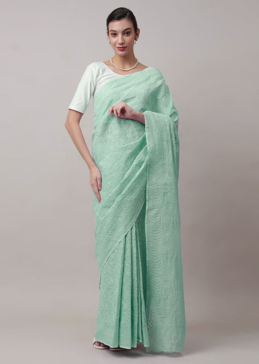 Firgun Hand Embroidered Mint Green Lucknowi Chikankari Kota Doria Tepchi Work Saree with Blouse Piece