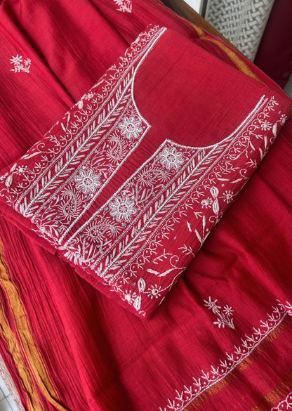 Firgun Red Lucknowi Chikankari Mul Chanderi Unstitched Kurta & Dupatta Set with Pearl & Cutdana Work