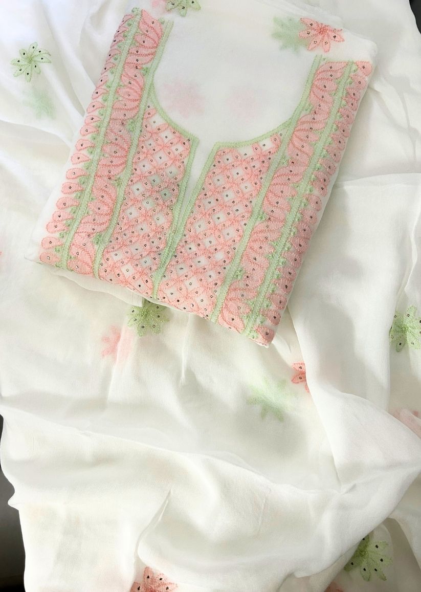 Firgun White Lucknowi Chikankari & Mukaish Work Viscose Georgette Unstitched Kurta & Dupatta Set