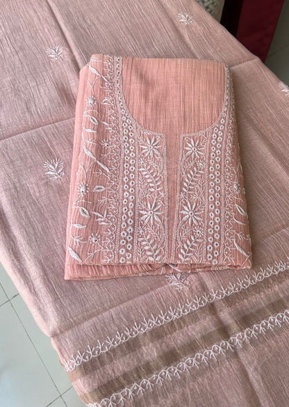 Firgun Peach Lucknowi Chikankari Mul Chanderi Unstitched Kurta & Dupatta Set