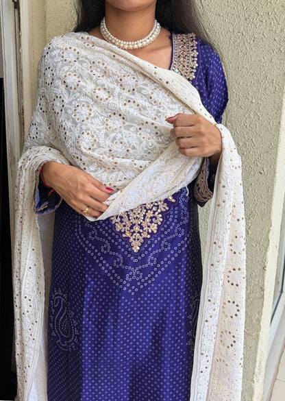 Firgun Cream Lucknowi Chikankari Pure Georgette Mukaish Work Dupatta