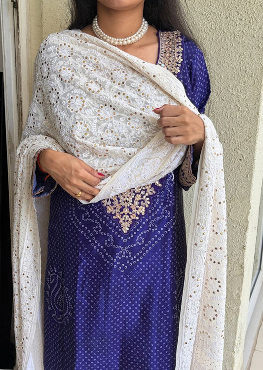 Firgun Cream Lucknowi Chikankari Pure Georgette Mukaish Work Dupatta