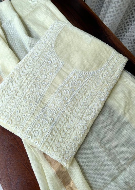 Firgun Lemon Lucknowi Chikankari Kota Unstitched Kurta & Dupatta Set