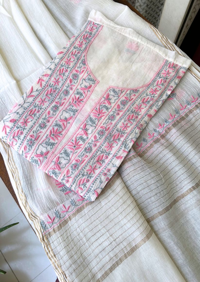 Firgun White Lucknowi Chikankari with Pink & Grey Work Mul Chanderi Unstitched Kurta & Dupatta Set