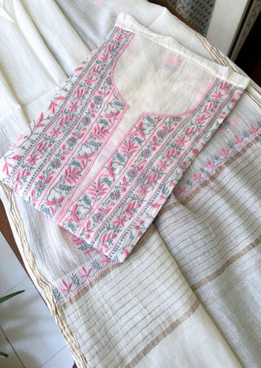 Firgun White Lucknowi Chikankari with Pink & Grey Work Mul Chanderi Unstitched Kurta & Dupatta Set