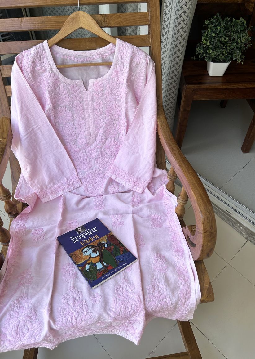 Firgun Pink Lucknowi Chikankari Chanderi Straight Kurta