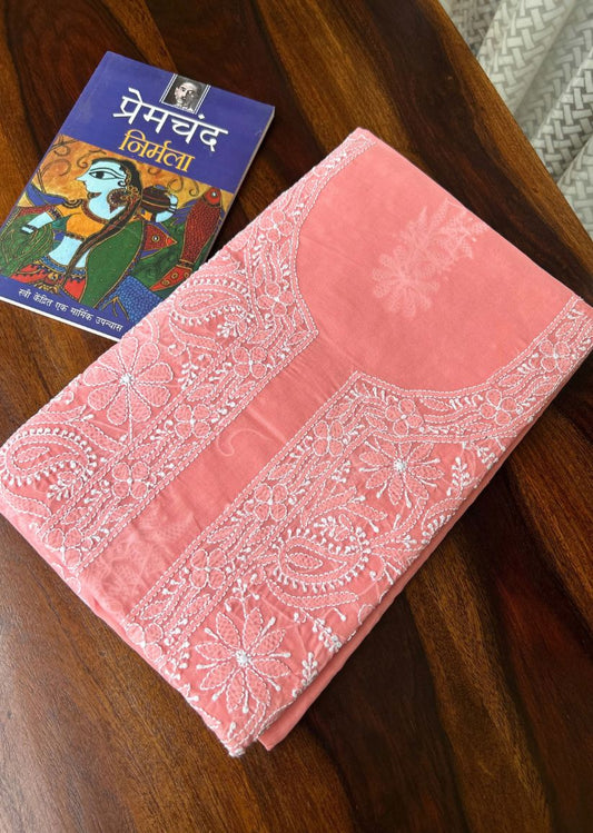 Firgun Peach Lucknowi Chikankari Cotton Unstitched Kurta