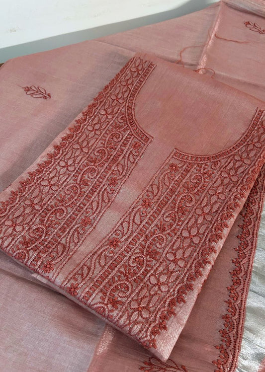 Firgun Maroon Lucknowi Chikankari Chanderi Silver Tissue Kurta Dupatta Set