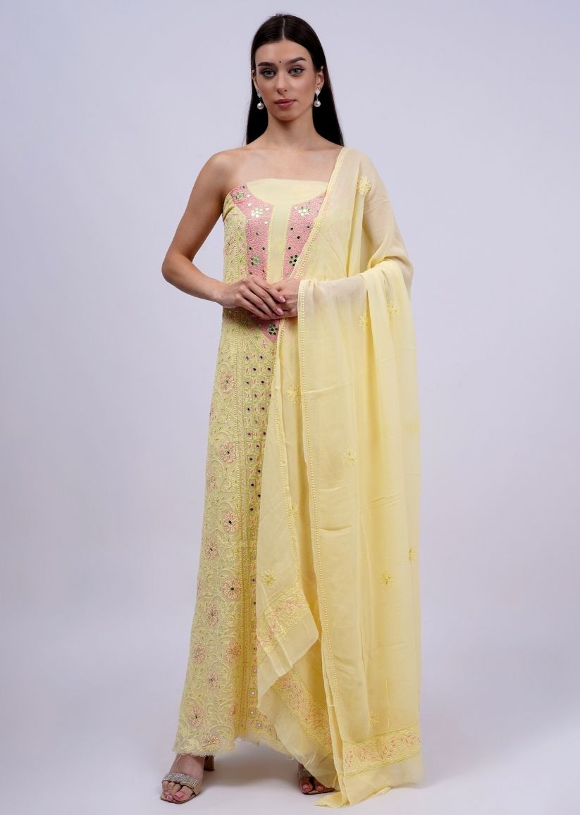 Firgun Lemon Lucknowi Chikankari Viscose Georgette Unstitched Kurta & Dupatta Set
