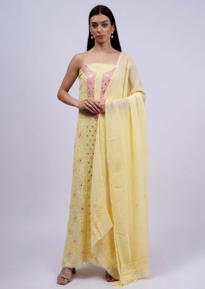 Firgun Lemon Lucknowi Chikankari Viscose Georgette Unstitched Kurta & Dupatta Set