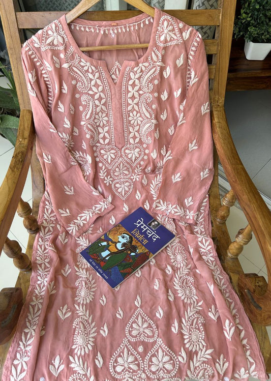 Firgun Peach Lucknowi Chikankari Silk Straight Kurta