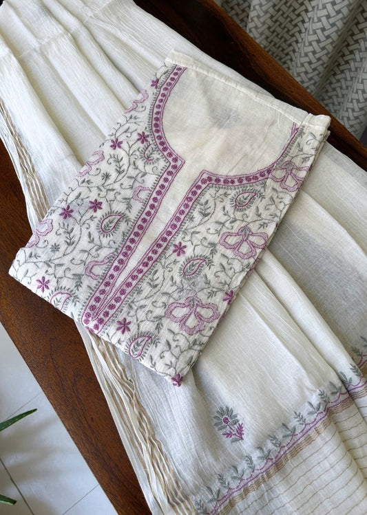 Firgun White Lucknowi Chikankari with Violet & Grey Work Mul Chanderi Unstitched Kurta & Dupatta Set