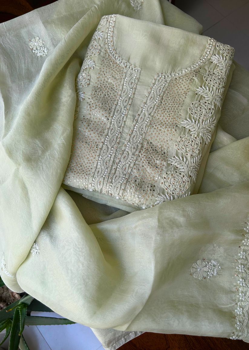 Firgun Mehendi Green Lucknowi Chikankari Pure Organza Unstitched Kurta & Dupatta Set