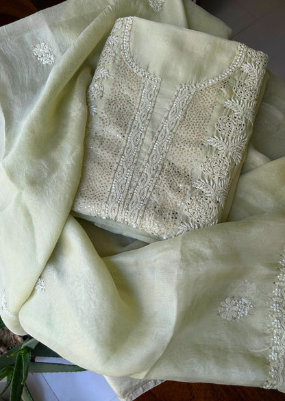 Firgun Mehendi Green Lucknowi Chikankari Pure Organza Unstitched Kurta & Dupatta Set