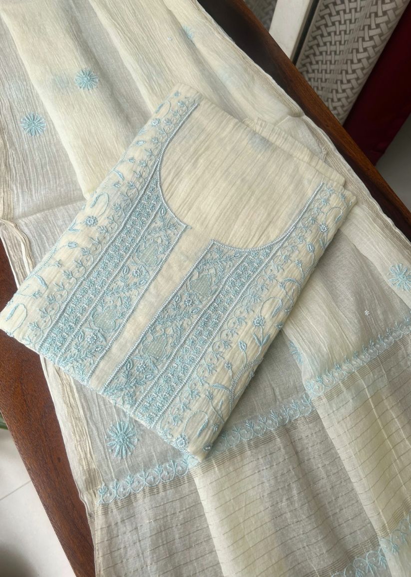 Firgun Ivory & Blue Lucknowi Chikankari Mul Chanderi Unstitched Kurta & Dupatta Set with Pearl & Cutdana Work