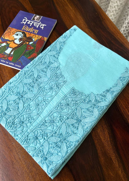 Firgun Blue Lucknowi Chikankari Cotton Unstitched Kurta