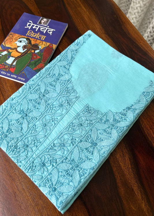 Firgun Blue Lucknowi Chikankari Cotton Unstitched Kurta