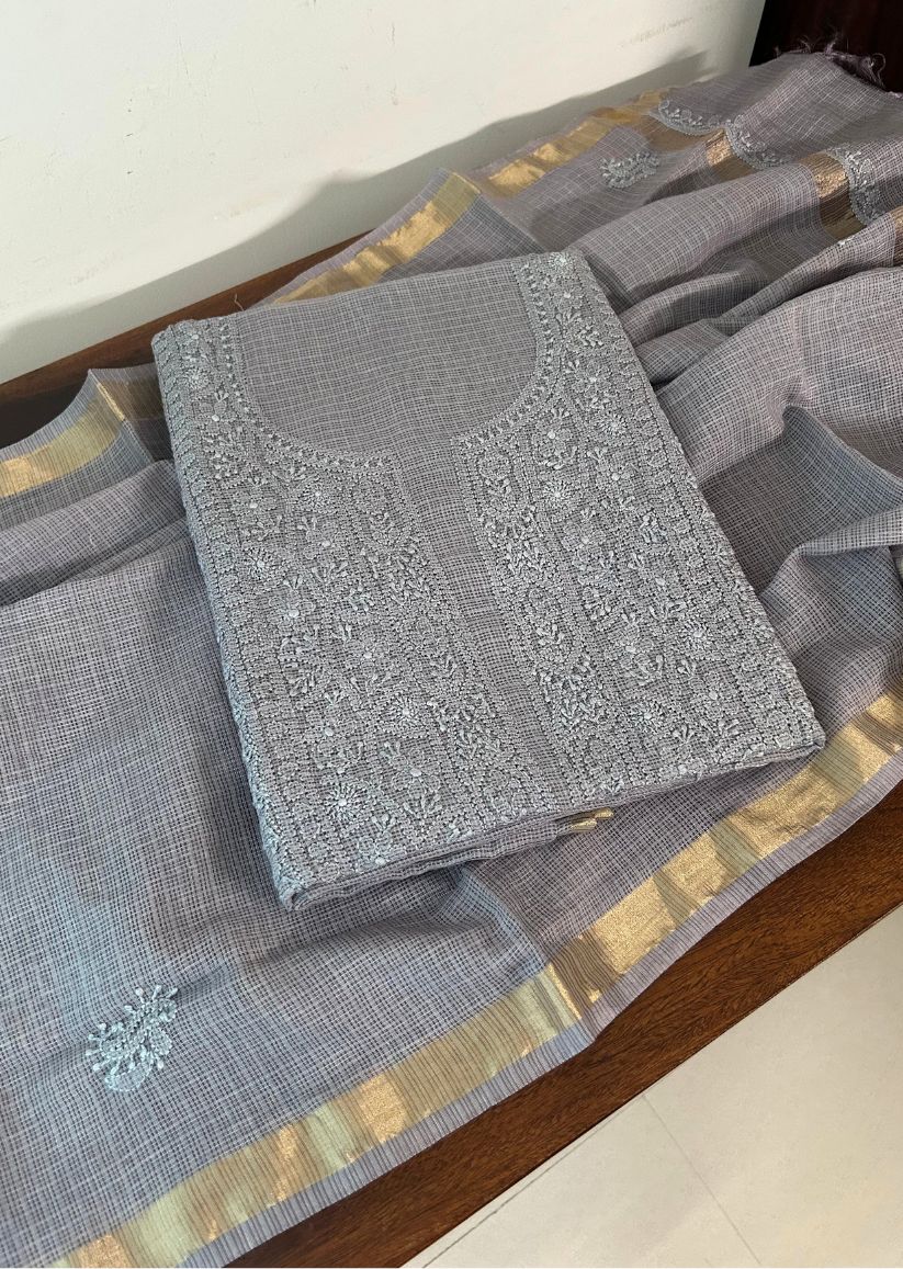 Firgun Slate Grey Lucknowi Chikankari Kota Unstitched Kurta & Dupatta Set