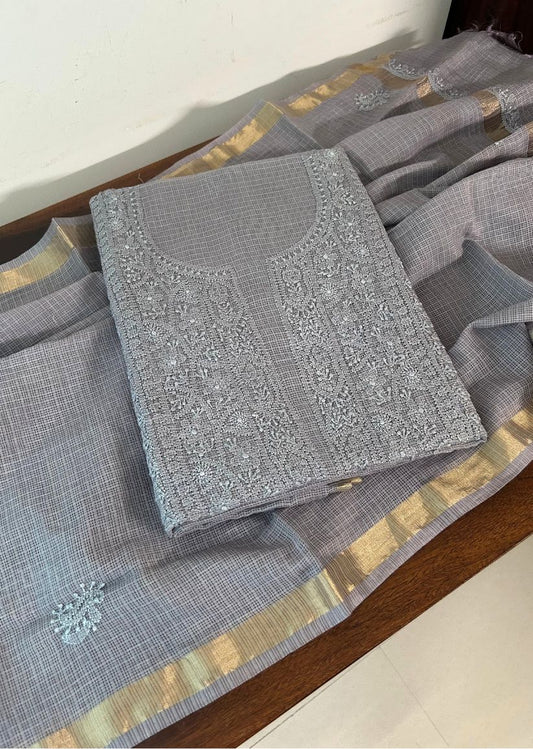 Firgun Slate Grey Lucknowi Chikankari Kota Unstitched Kurta & Dupatta Set