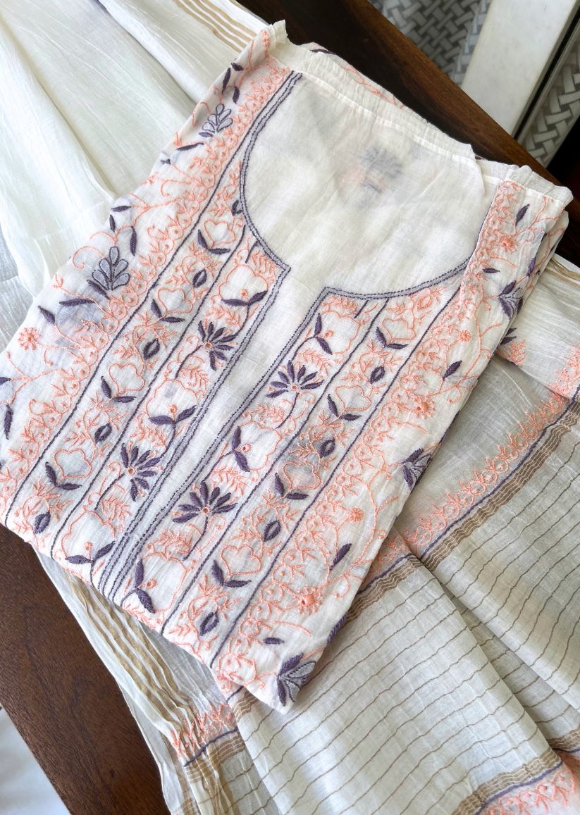 Firgun White Lucknowi Chikankari with Wine & Peach Work Mul Chanderi Unstitched Kurta & Dupatta Set