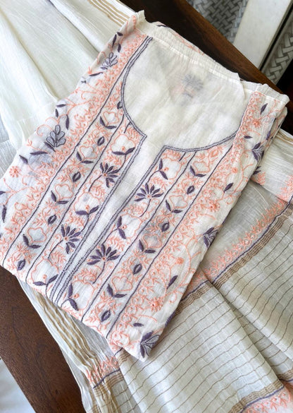 Firgun White Lucknowi Chikankari with Wine & Peach Work Mul Chanderi Unstitched Kurta & Dupatta Set