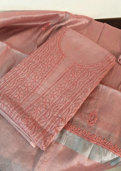 Firgun Red Lucknowi Chikankari Chanderi Silver Tissue Kurta Dupatta Set